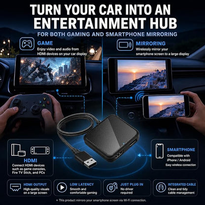 Car TV Adapter with HDMI Input, Wireless CarPlay and Android Auto Dongle for Fire TV Stick, Plug and Play 2K Multimedia Streaming Converter for Factory Wired CarPlay Cars