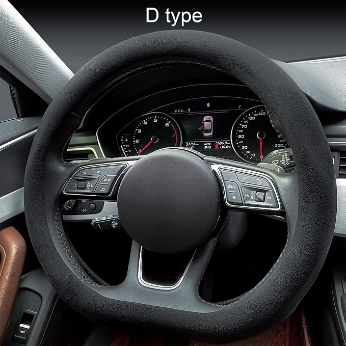 Carodi Suede Steering Wheel Cover ， Non-Slip Leather Car Interior Fitting 15-inch Universal（D-Shape,Black）