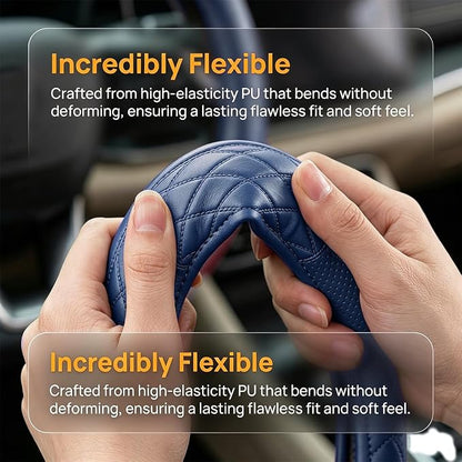 Zpana Car Steering Wheel Cover, 14.5-15" Breathable Soft Leather Vehicle Steering Wheel Protector with Anti-Slip Lining, Comfortable Auto Interior Decoration Accessories, Universal Fit (Dark Blue)