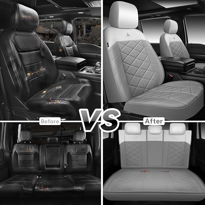 CAR PASS Memory Foam Leather Seat Covers Full Set, Breathable Perforated Nappa Leather Seat Covers Universal Fit for Most Cars,Sedans,SUV,Trucks Thick 3D Foam Comfortable, Airbag Compatible Gray White