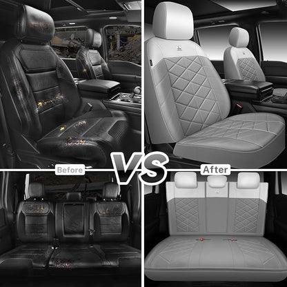 CAR PASS Memory Foam Leather Seat Covers Full Set, Breathable Perforated Nappa Leather Seat Covers Universal Fit for Most Cars,Sedans,SUV,Trucks Thick 3D Foam Comfortable, Airbag Compatible Gray White