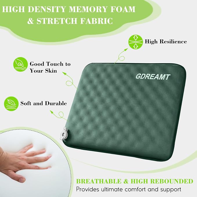 Inflatable Seat Cushion, Self-Inflating Memory Foam Stadium Seats Cushion Portable Camping Air-Foam Sitting Pad for Travel Airplane Car Bleachers Backpacking Office, Lightweight & Compact