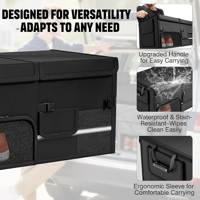 Foldable Car Trunk Organizer with Multi-Compartment – Expandable 30-60L Storage Bin, Side Mesh Pockets, Waterproof 600D Oxford Cloth, Car Accessories for SUV/Truck/Sedan, Grey, 23.6"x13.0"x11.8"