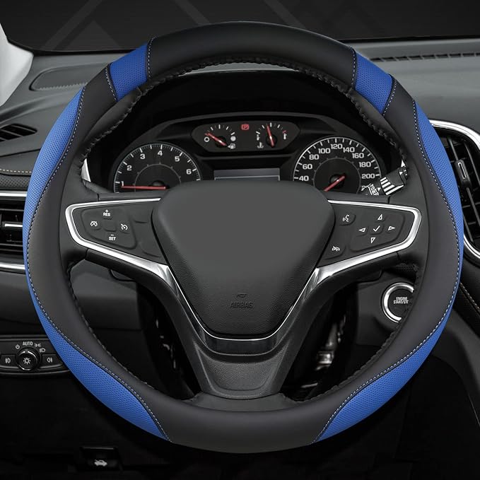 West Llama Customized Auto Car Steering Wheel Cover for Chevy 14.5-15 inches, Steering Wheel Cover for Chevrolet (Black+Blue - Standard Size)