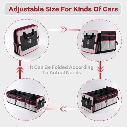 LIBZAKI Car Trunk Organizer,3 Compartments Big Trunk Storage, Large Capacity, Foldable, 95L Heavy Duty Storage Box for Car, SUV, Truck,Jeep, Includes 26L Cooler Bag-Gray&Black
