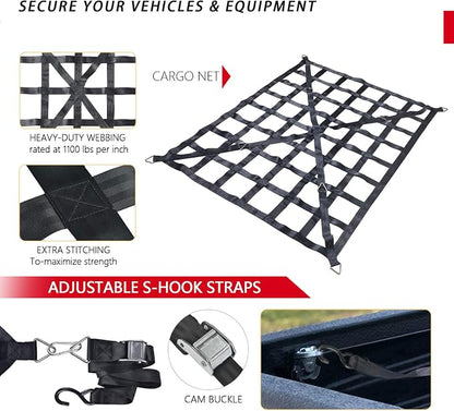 Surmountway Heavy Duty Cargo Net - 66" x 50", 1100LBS Capacity, Cam Buckles & S-Hooks, Fits Pickup Truck & Trailer Beds