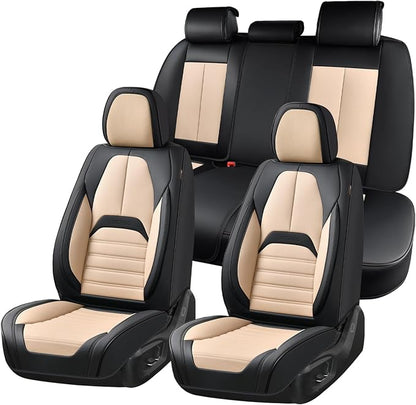 Coverado Car Seat Covers Full Set, Seat Covers for Cars, Automotive Seat Covers, Waterproof Nappa Leather Front Seats and Back Car Seat Protector, Universal Fit for Most Cars SUV Trucks,Black&Beige