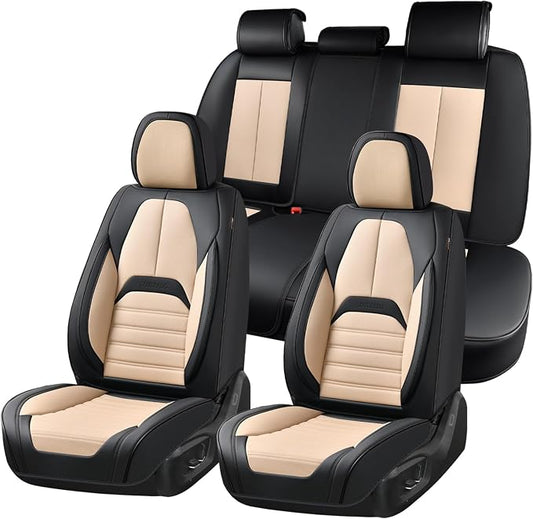 Coverado Car Seat Covers Full Set, Seat Covers for Cars, Automotive Seat Covers, Waterproof Nappa Leather Front Seats and Back Car Seat Protector, Universal Fit for Most Cars SUV Trucks,Black&Beige