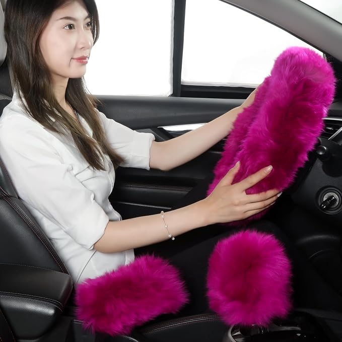 Fuzzy Genuine Sheepskin Steering Wheel Cover Set for Women Parents-Fluffy Soft Australian Merino Wool Wrap with Gear Shift and Hand Brake Covers, Cozy Stylish Luxury Car Accessories (Hot Pink)