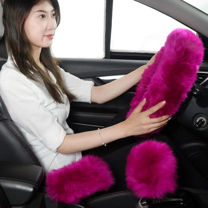 Fuzzy Genuine Sheepskin Steering Wheel Cover Set for Women Parents-Fluffy Soft Australian Merino Wool Wrap with Gear Shift and Hand Brake Covers, Cozy Stylish Luxury Car Accessories (Hot Pink)