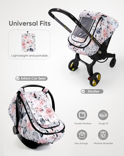 Car Seat Cover Baby Girls, Infant Car Seat Canopy Outdoor, 2 Layers with Mesh and Sun Shade Window for Summer Winter, Easy Access Carseat Covers Snug Fit Baby Stroller - Pink Floral