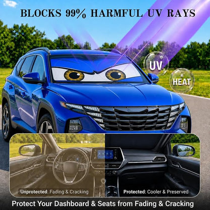 Car Windshield Sun Shade, Blue Monster Style Sun Visor for Windshield, Windshield Cover Universal Fits Mid-Large Sendan SUV Crossover Family Vehicle, UV Heat Protection - 63 x 31.5