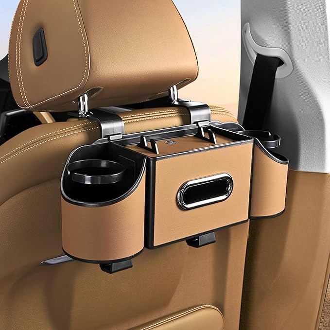 Back Seat Car Organizer,4 in 1 Multifunctional Car Back Seat Storage Box with Drink Cup Holder Tissue Box, for Hold Phone,Snacks, Drinks, Handbag-Light Brown