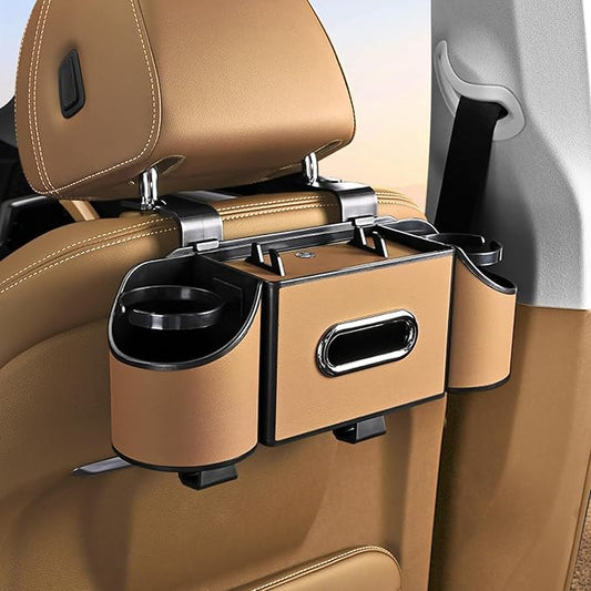 Back Seat Car Organizer,4 in 1 Multifunctional Car Back Seat Storage Box with Drink Cup Holder Tissue Box, for Hold Phone,Snacks, Drinks, Handbag-Light Brown
