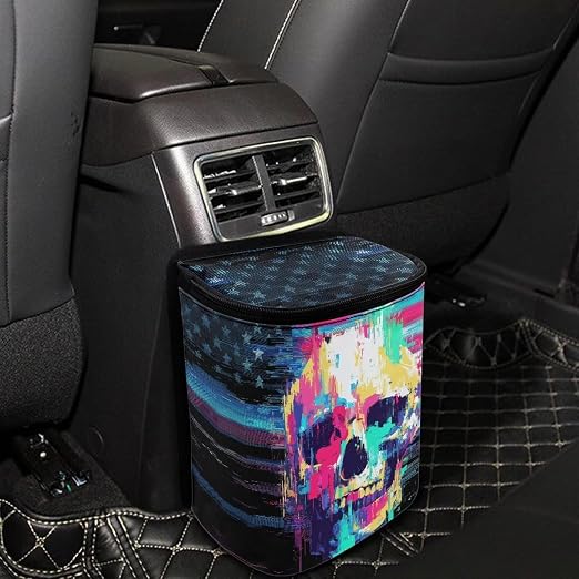 Talayituse Paint Splatter Skull Print Car Trash Bin, Large Size Auto Trash Can Adjustable Portable Garbage Can with Lid, Vehicle Hanging Bag for Headrest Front Back Seat