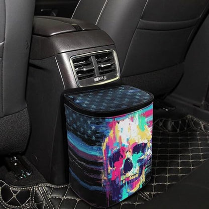 Talayituse Paint Splatter Skull Print Car Trash Bin, Large Size Auto Trash Can Adjustable Portable Garbage Can with Lid, Vehicle Hanging Bag for Headrest Front Back Seat