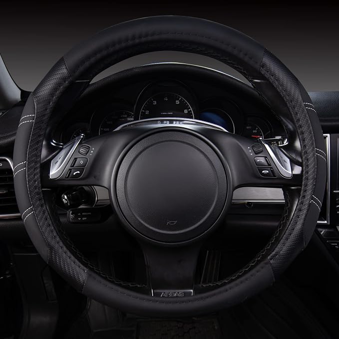 CAR PASS Line Rider Microfiber Leather Sporty 14.5-15 inch Steering Wheel Cover Universal Fits for 95% Truck,SUV,Cars, Anti-Slip Safety Comfortable Design (Black Carbon Fiber)