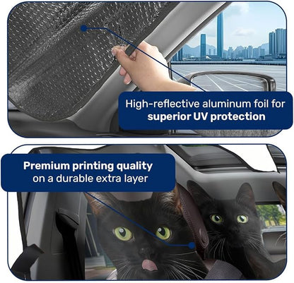 GENANY Black Cat Windshield Cover for Car SUV Truck (55x30 Inches), Foldable Heat Shield, Shades for Front Windows, Protector Blocks UV, Car Decor