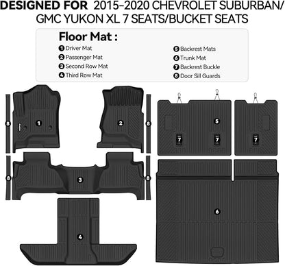 Floor Mats for 2015-2020 Chevrolet Suburban/GMC Yukon XL 7 Seats Bucket Seats, Trunk Mat and 2nd/3rd Backrest Mat & Door Sill Guard All Weather TPE Protector for Chevy Suburban Accessories