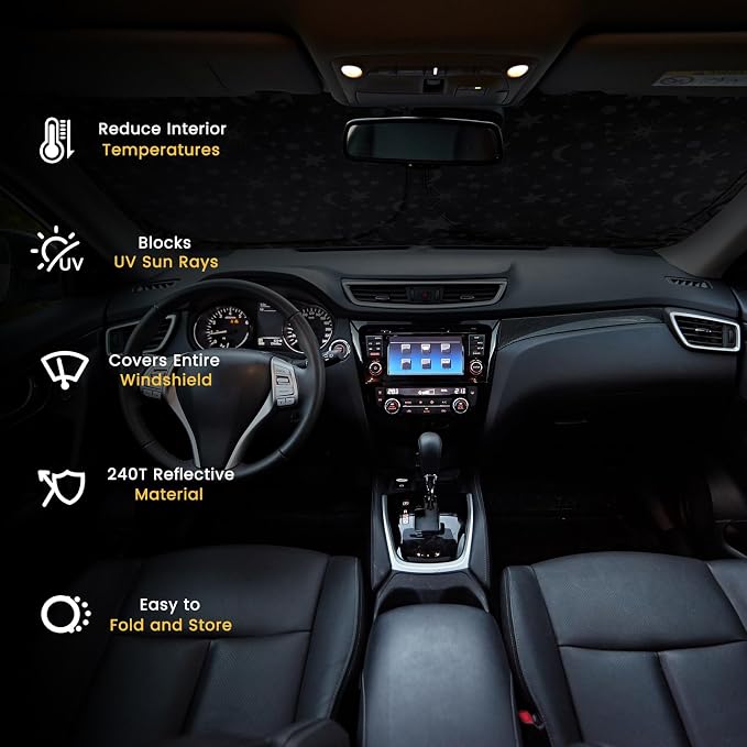 Windshield Sun Shade, Car Sun Shade Windshield, Reflector Sunshade Offers Ultimate Protection for Car Interior, Reflective Polyester Blocks Heat for Sedans, Mini SUVs, Hatchbacks - 57 x 31.5 inches
