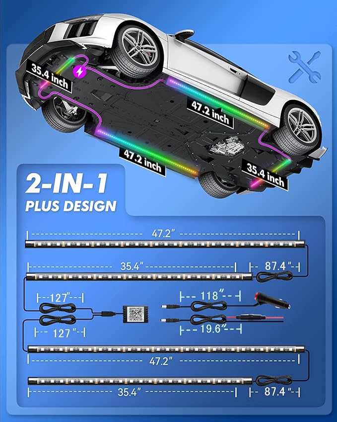 Yielinth Underglow Car Lights, 252 LEDs RGBIC 4 pcs Dream Color Dancing Chasing Strip Lights with 16 Million Colors and 213 Scene Modes with App and Remote Control, 5 Music Modes for All Cars