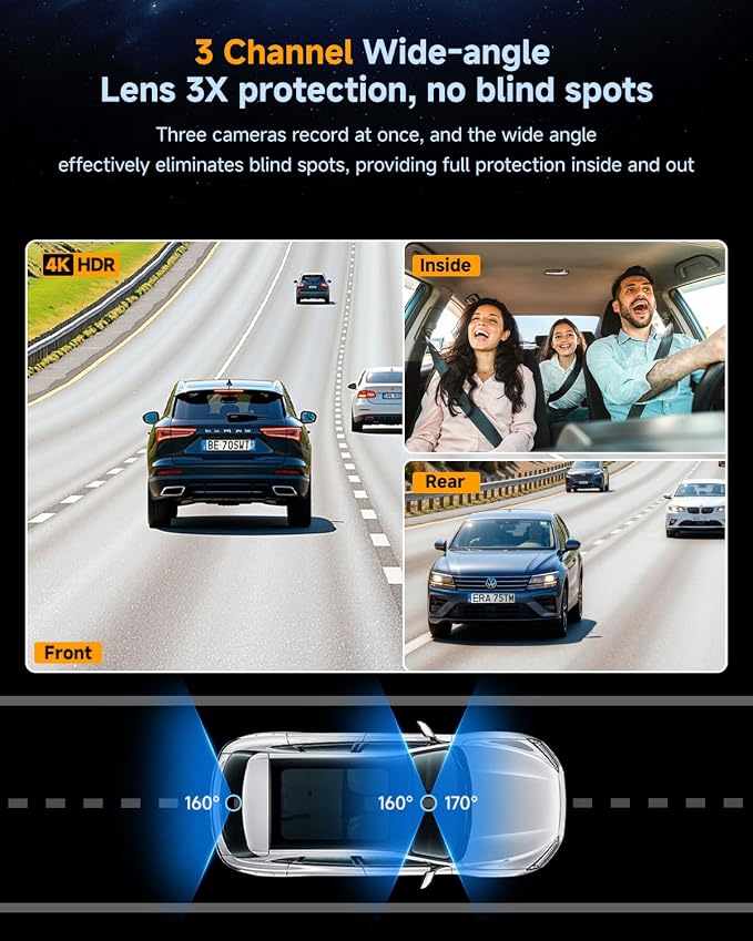 3 Channel Dash Cam, Dash Cam Front and Rear Inside, 5.8GHz WiFi Built-in GPS, Free 64GB Card, 3.2" IPS Screen, 4k Dash Camera for Cars, IR Night Vision, 24H Parking Mode, G-Sensor