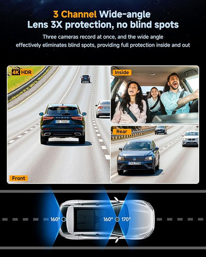 3 Channel Dash Cam, Dash Cam Front and Rear Inside, 5.8GHz WiFi Built-in GPS, Free 64GB Card, 3.2" IPS Screen, 4k Dash Camera for Cars, IR Night Vision, 24H Parking Mode, G-Sensor