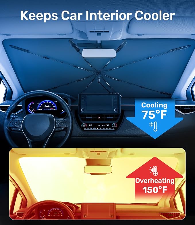 Zanch 2026 Upgraded Car Windshield Sun Shade [Cool Down by 75℉ ] with Heat Insulation Coating, Foldable Sunshade Umbrella with Flexible Handle & Ribs, Small (29''x53'') for Compact Cars, SUVs