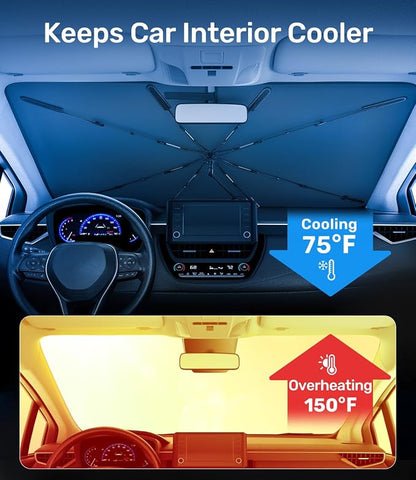 Zanch 2026 Upgraded Car Windshield Sun Shade [Cool Down by 75℉ ] with Heat Insulation Coating, Foldable Sunshade Umbrella with Flexible Handle & Ribs, Small (29''x53'') for Compact Cars, SUVs