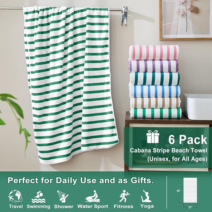 JML Microfiber Beach Towels, 6 Pack, 27" x 55", Large Bath Towel Set for Adult- Cabana Stripe - Absorbent, Quick Drying Lint-Free, No Fading for Summer Party, Pool, Sport, Yoga, Swimming, Green
