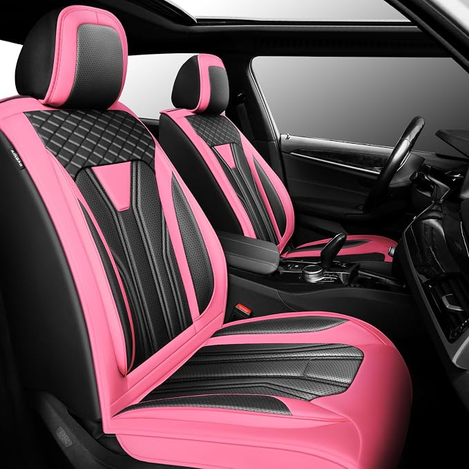 Fit Liberty Car Seat Covers for Jeep Liberty 2002-2011 2012 -Full Set Premium Leather, Waterproof & Breathable，All-Weather Seat Cushion Protecto & Airbag Compatible, 2 Front Seat Pink&Black