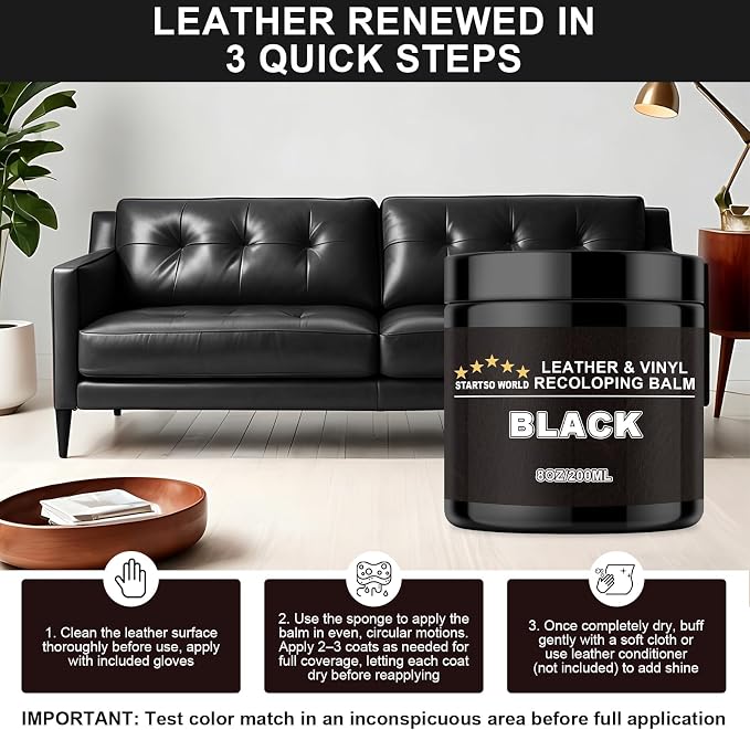STARTSO WORLD Leather Recoloring Balm, Black Leather Repair Kit for Furniture, Leather Dye, Leather Color Restorer for Couches, Leather Couch Paint | Repair, Restore Faded & Scratched Leather