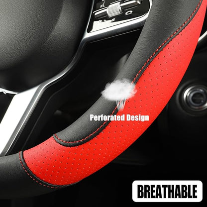 Microfiber Leather Steering Wheel Cover Large Size for Ford F150 F250 F350 RAM 4Runner Tacoma Tundra Armada Model S Model X, Breathable, Anti Slip, 15.5 inch to 16 inch, Black with Red