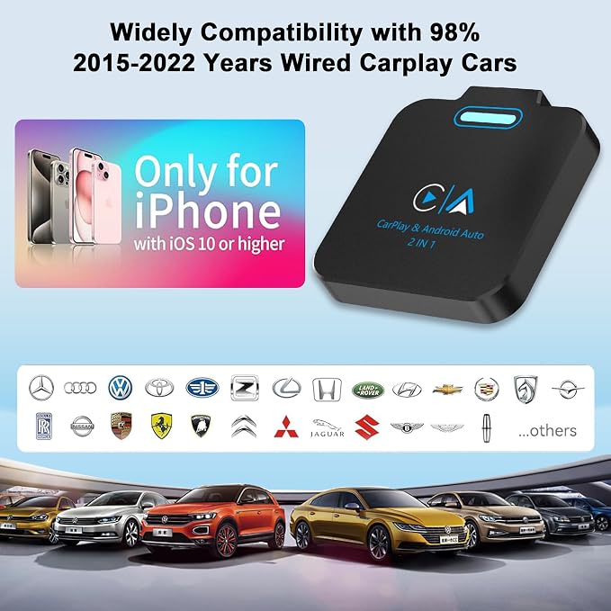 Android Auto & CarPlay Wireless Adapter - 2 in 1 Wireless for iPhone & Android, Plug & Play for Factory Wired Cars - Supports iOS 10+