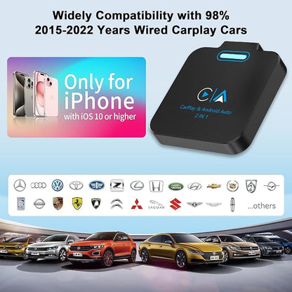 Android Auto & CarPlay Wireless Adapter - 2 in 1 Wireless for iPhone & Android, Plug & Play for Factory Wired Cars - Supports iOS 10+