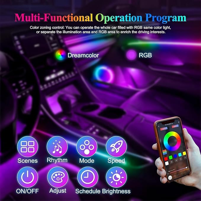 Interior Car LED Strip Lights, Acrylic LED Lights for Car with Dynamic Dreamcolor Chasing, Ambient Lighting Kits Music Sync Wireless APP and RF Remote Control (8 in 1)