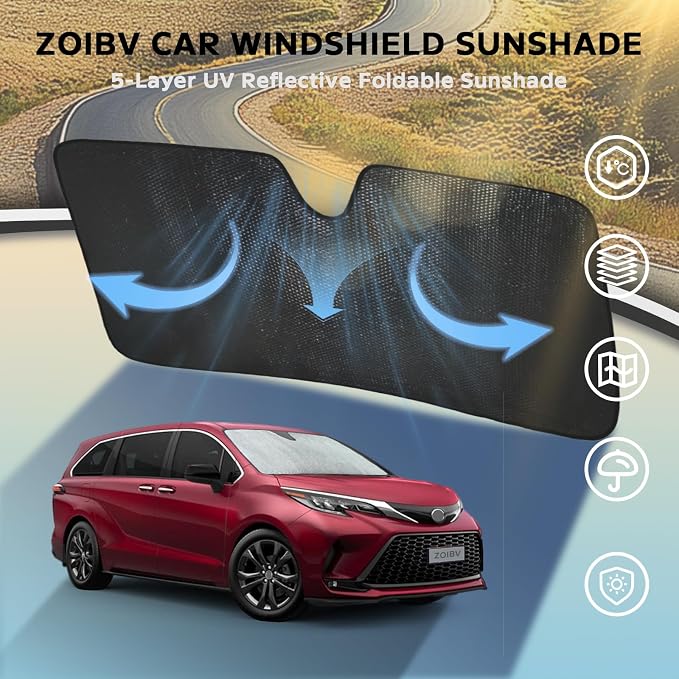 Car Windshield Sun Shade for 2021-2024 2025 2026 Toyota Sienna L LE SE XLE Limited Van Minivan Front Window Sunshade Sun Visor Protection Cover Accessories -5-Layer Bubble Foldable Thicken Block