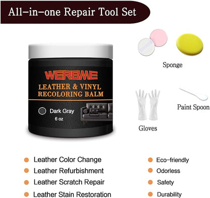 Leather Recoloring Balm - Leather & Vinyl Repair Balm for Furniture, Couches,Car Seats, Auto Interior & Accessories, Restores Faded, Worn, Scratched and Cracked Leather Surfaces (Dark Gray)
