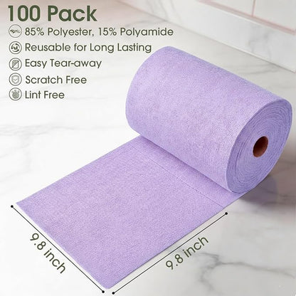 Microfiber Cleaning Cloth Roll - 100 Pack Tear Away Microfiber Paper Towels, Reusable, Washable, Scratch-Free, Kitchen Towels for Car, Home, Kitchen, Glass, Dishes (Light Purple)