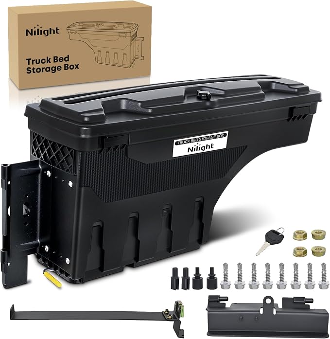 Nilight Truck Bed Tool Box Left Driver Side Truck Toolbox Fit for Chevrolet Silverado GMC Sierra 1500 2500 3500 2007-2018 Swing Case Truck Bed Storage Box w Lockable Lid Waterproof Wheel Well Toolbox