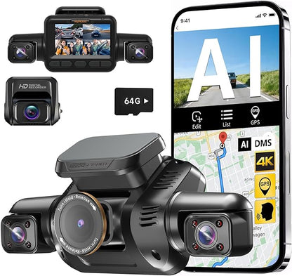 HUPEJOS AI Dash Cam Front Rear Inside with Driver Monitor System, 360° Car Camera 4K, 4 Channel Camera for Cars, WiFi GPS, Dashcam 64GB SD Card, Night Vision, 24H Parking Mode, Upgrade DMS V8Plus