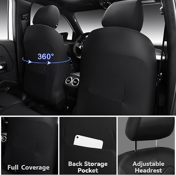 CAR PASS Luxury Nappa Leather Seat Covers Full Set, Water Resistant Faux Leather Seat Covers with Lumbar Support, Comfortable Automotive Seat Covers Universal Fit for SUV Sedan Van Truck, Solid Black