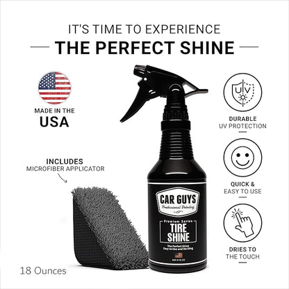CAR GUYS Tire Shine Spray - The Perfect Deep Black Shine - Long Lasting Car Tire Dressing - No Sling & Dry to Touch - 18 Oz Kit with Applicator