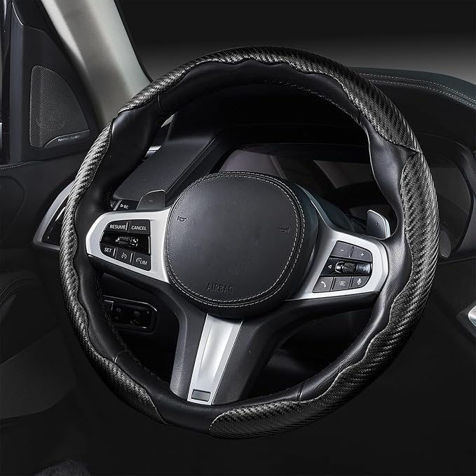 Steering Wheel Cover Carbon Fiber Car Steering Wheel Cover Accessories 14.5-15 inch Universal (Black)