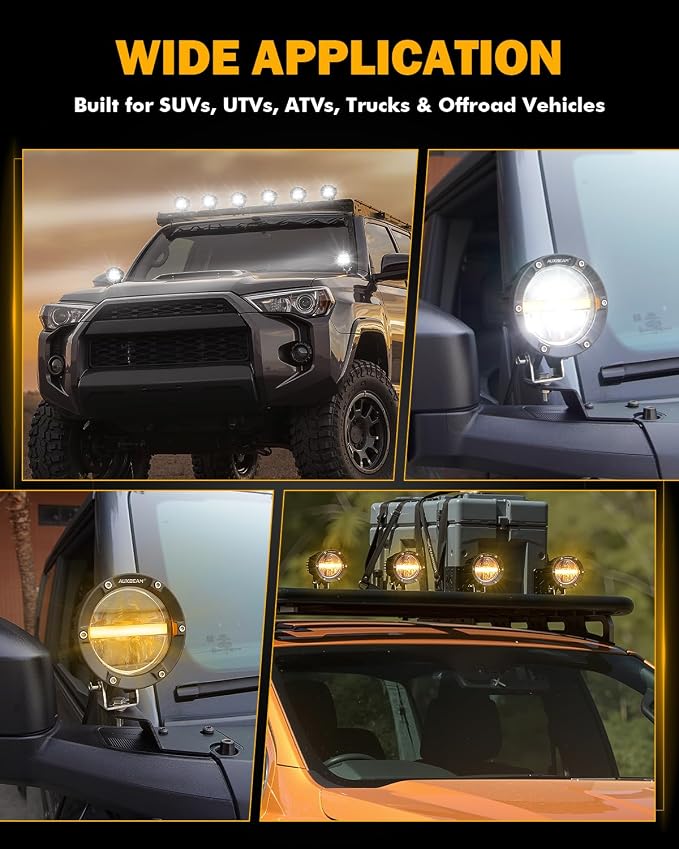 Auxbeam 4 Inch 110W Round Offroad Lights, Amber DRL Design 11000LM LED Light Pods, Super Bright 7035 SMD LED Work Driving Fog Light with DT Wiring Harness Kit for Truck Jeep Pickup SUV ATV UTV, 2 PCS