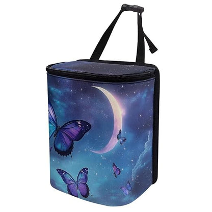 Talayituse Butterfly Moon Cloud Galaxy Print Car Trash Can with Lid, Leak Proof Auto Trash Bag Hanging Vehicle Garbage Can Multipurpose Storage Container for Back Seat Road Trip