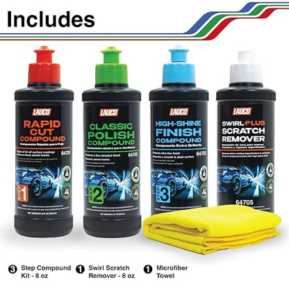 LAUCO Paint Correction Compounds Step 1, 2, 3, Swirl Remover 8oz Kits, with a Towel, Silicone-Free, Clear Coat Safe Scratch Remover, Swirl Correction & High Gloss Finishing