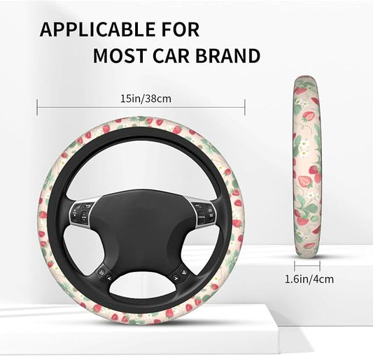 Strawberry Flowers Steering Wheel Cover - Strawberry Flower Steering Wheel Cover for Women Cute Car Breathable Universal for 14-15 Inch Anti-Slip 2 Pieces Car Coasters