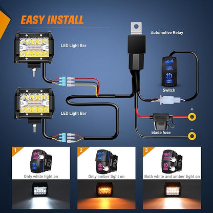 Nilight 4Inch Off-Road LED Light Bar, 2PCS 60W 3 Lighting Modes (White/Amber/White&Amber) Driving Fog Light Spot Flood Lights with 18AWG Wiring Harness for Truck Car ATV SUV Jeep Boat