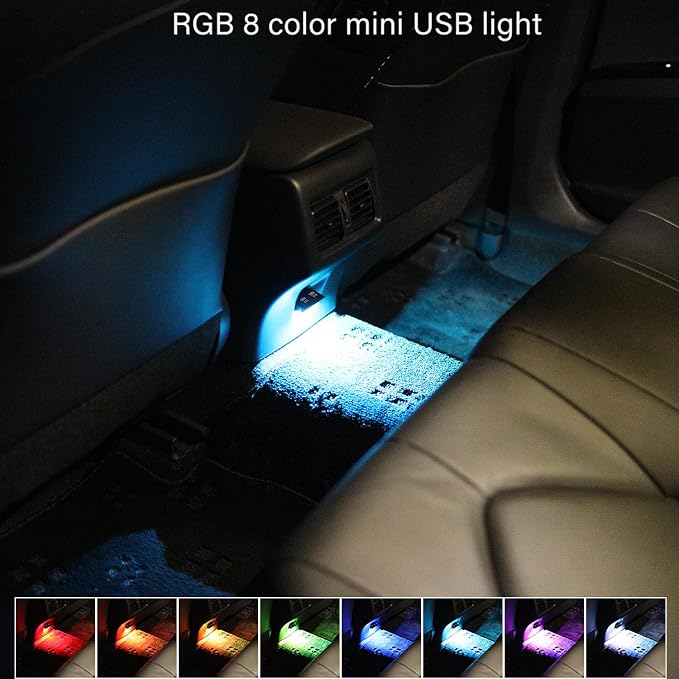 Three Sides Emit Light USB Type-A Car LED Ambient Light 7Leds RGB Atmosphere Lamp, Interior Dimmable Mood Lighting for Cars/SUV/Trucks